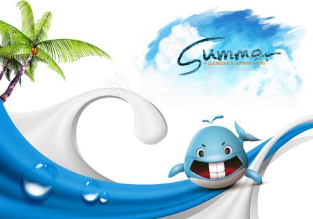 椰树水珠与鲸创意设计PSD分层素材