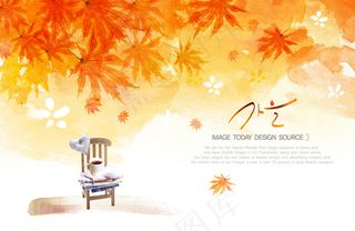 漫画秋叶凳子背景PSD素材