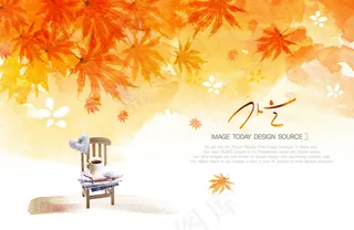 漫画秋叶凳子背景PSD素材