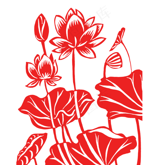 红色剪纸风荷花免扣素材