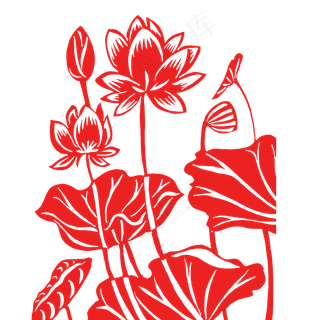 红色剪纸风荷花免扣素材