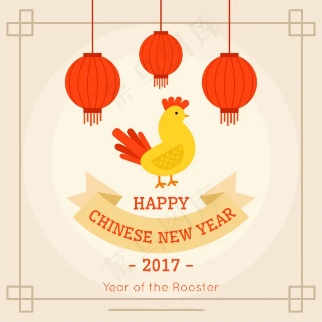 新年背景与可爱的公鸡灯笼ai矢量模版下载