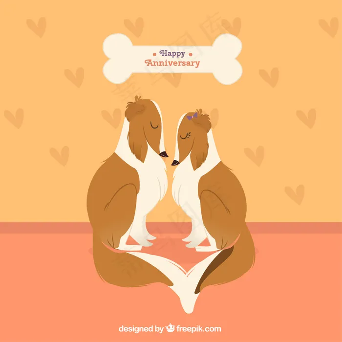 周年纪念卡与可爱的手绘狗夫妇ai矢量模版下载