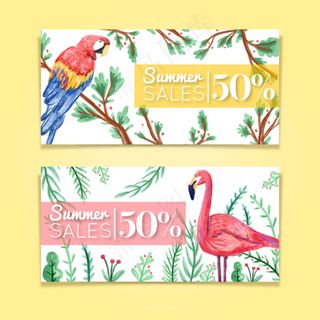 水彩手绘火烈鸟花朵婚礼请柬海报矢量...