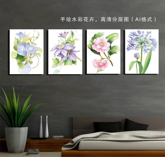 手绘水彩花卉无框画ai矢量模版下载