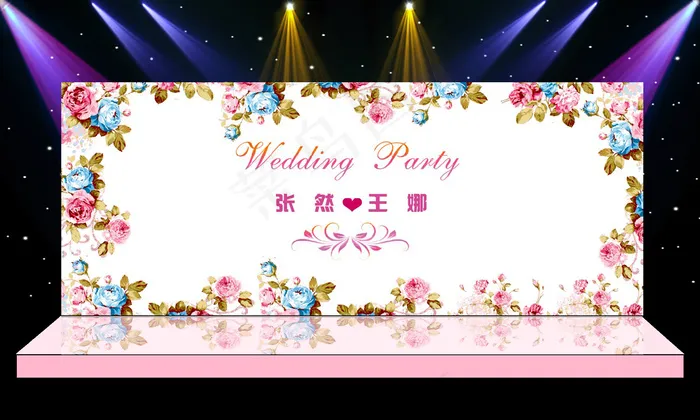 粉色白色花卉主题婚礼舞台背景设计