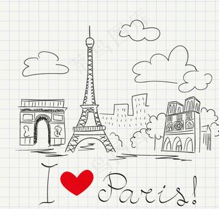 手绘巴黎著名建筑矢量素材图片
