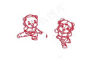 剪纸鞭炮小孩喜庆