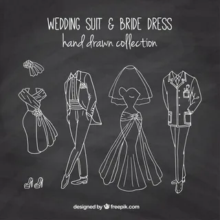 手绘婚纱和礼服黑板效果的鸟