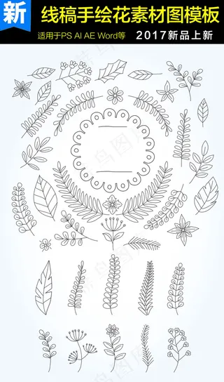 手绘线稿叶子花素材模板