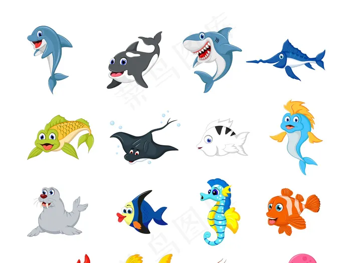 海报设计素材鲨鱼海洋动物海马热带鱼...eps,ai矢量模版下载