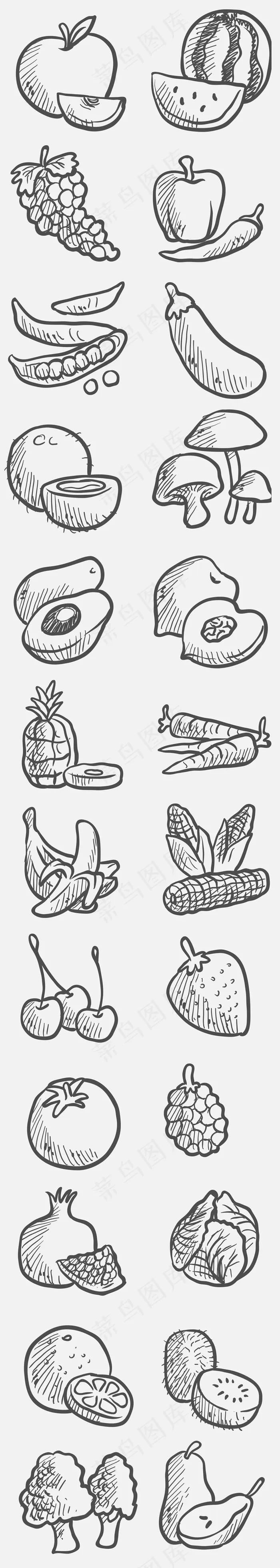 黑白线描手绘水果和蔬菜ai矢量素材ai矢量模版下载