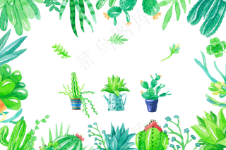 清新绿色手绘水彩风多肉植物仙人球掌...