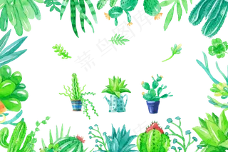 清新绿色手绘水彩风多肉植物仙人球掌...