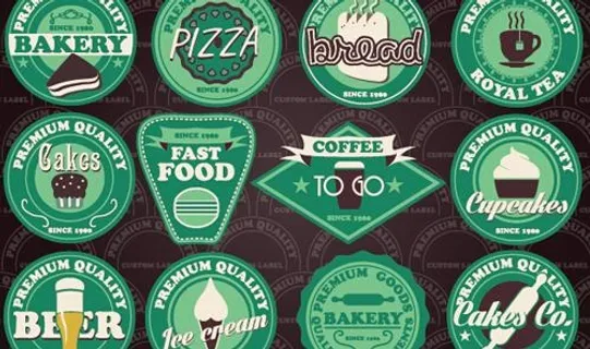 快速食品和汽水的不同颜色的标签向量...