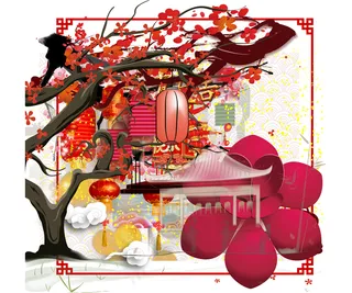 梅枝喜庆挂大红灯笼元素