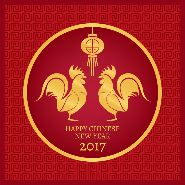 金色的公鸡灯笼春节背景ai矢量模版下载