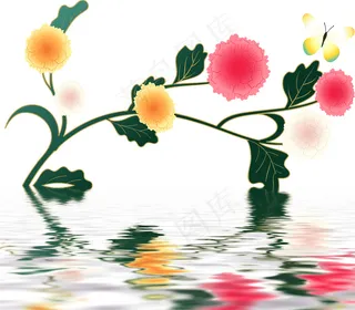 红花黄花水中倒影美图