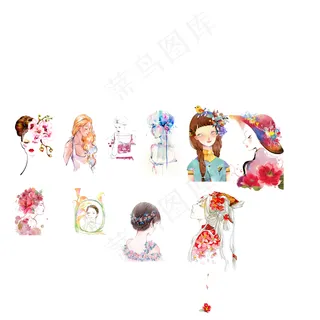 水彩手绘美女人物插画元素
