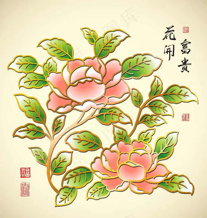 翻译：矢量中国牡丹书法的红邮票繁荣...eps,ai矢量模版下载