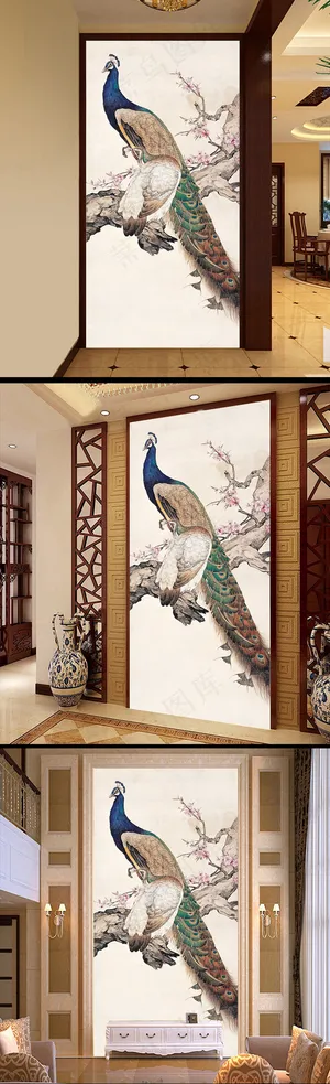 孔雀高清国画玄关过道背景墙 孔雀高清国画玄关过道背景墙