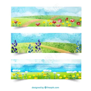 春天的水彩画山水横幅