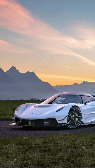夕阳下的白色跑车高清摄影图片