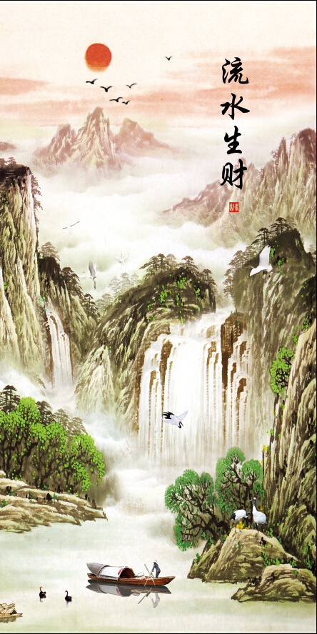 流水生财山水风景画客厅装饰画玄关背...
