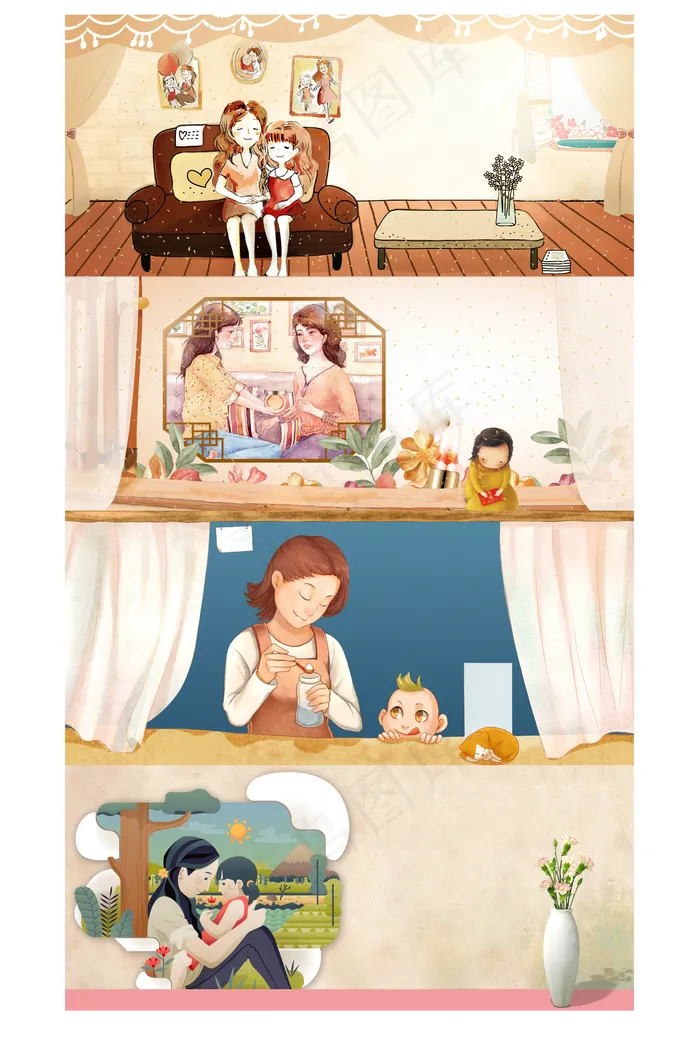 母亲节亲子人物手绘插画展板背景元素