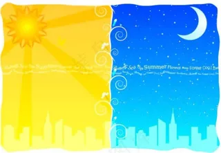 带有卡通色彩的黑夜白昼城市剪影插画...