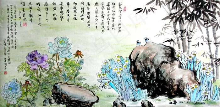 竹报平安菊花石头竹子水墨花朵