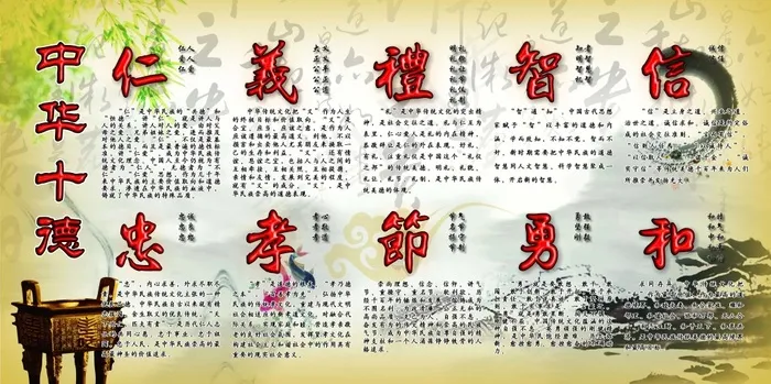 中华十德仁义礼智信忠孝节勇和(210X297)cdr矢量模版下载