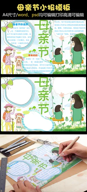 2018年绿色手绘风格母亲节手抄报...