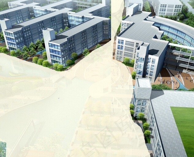 学校教学楼区建筑群半鸟瞰效果图设计