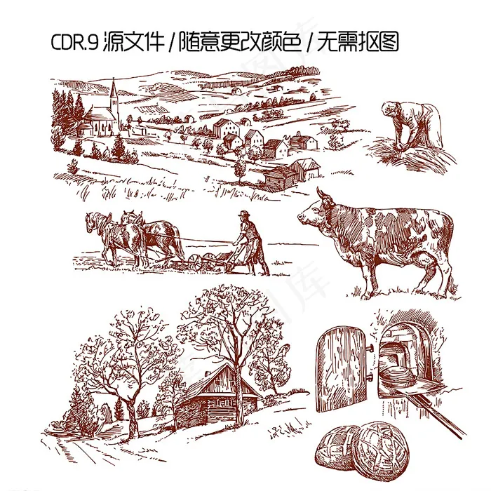 手绘田园风光矢量图图片cdr矢量模版下载