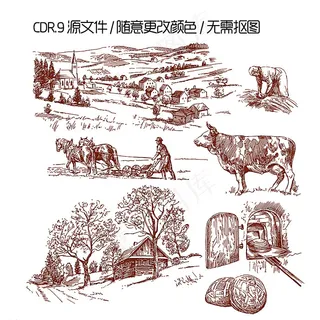 手绘田园风光矢量图图片