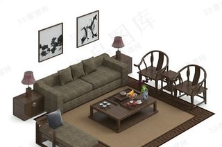 3D新中式沙发茶几组合模型