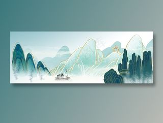 青色中国意境金边山水风景长图