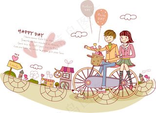 彩绘骑单车的情侣插画矢量素材.