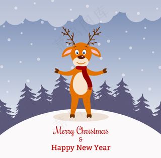 卡通雪地驯鹿圣诞卡矢量素材
