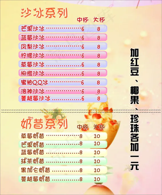 沙冰奶茶价目表