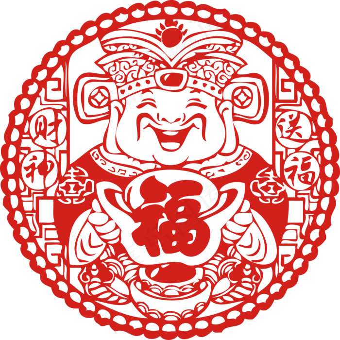 创意红色圆形财神爷图案剪纸