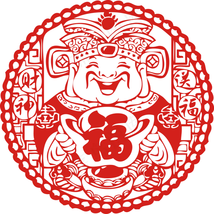 创意红色圆形财神爷图案剪纸