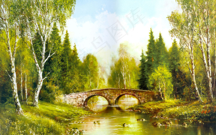 河流风景油画背景墙模板设计