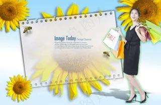 购物美女与向日葵活页纸PSD分层素...