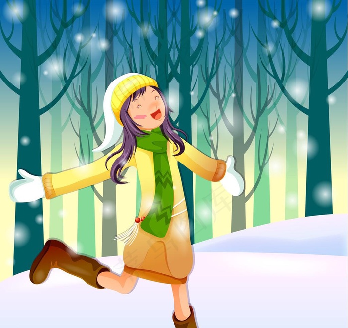 女孩在雪中开心的奔跑图片ai矢量模版下载