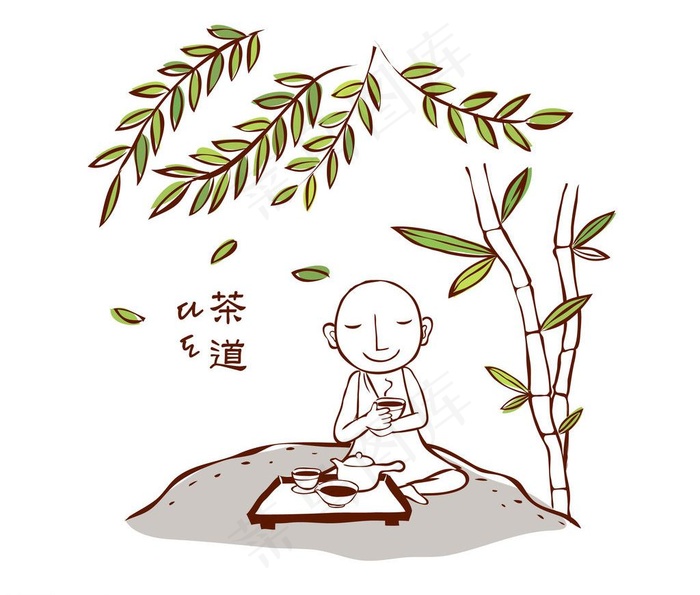 竹林旁品茶的和尚图片eps,ai矢量模版下载