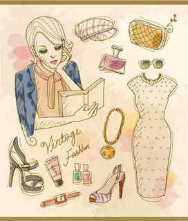 复古的手绘时尚女性矢量素材