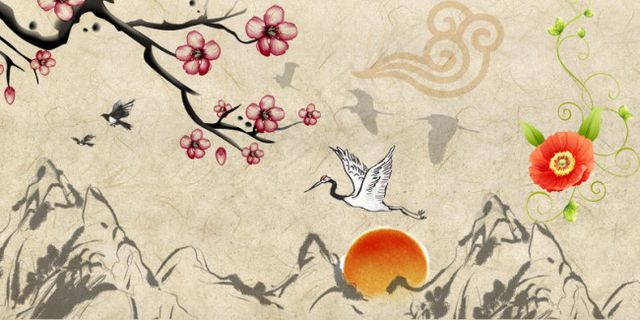 日出东方梅花祥云水墨画素材