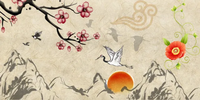 日出东方梅花祥云水墨画素材